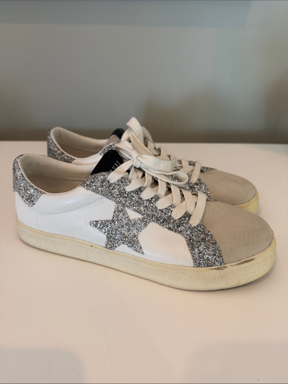 Steve Madden White Sneakers with Silver Glitter Star Detail